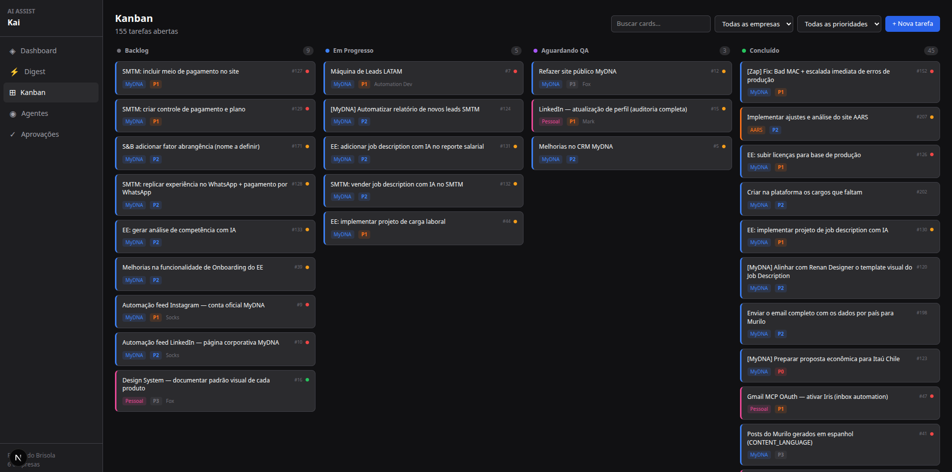 Tela do AIOS com dashboard, kanban e gestão de agentes de IA